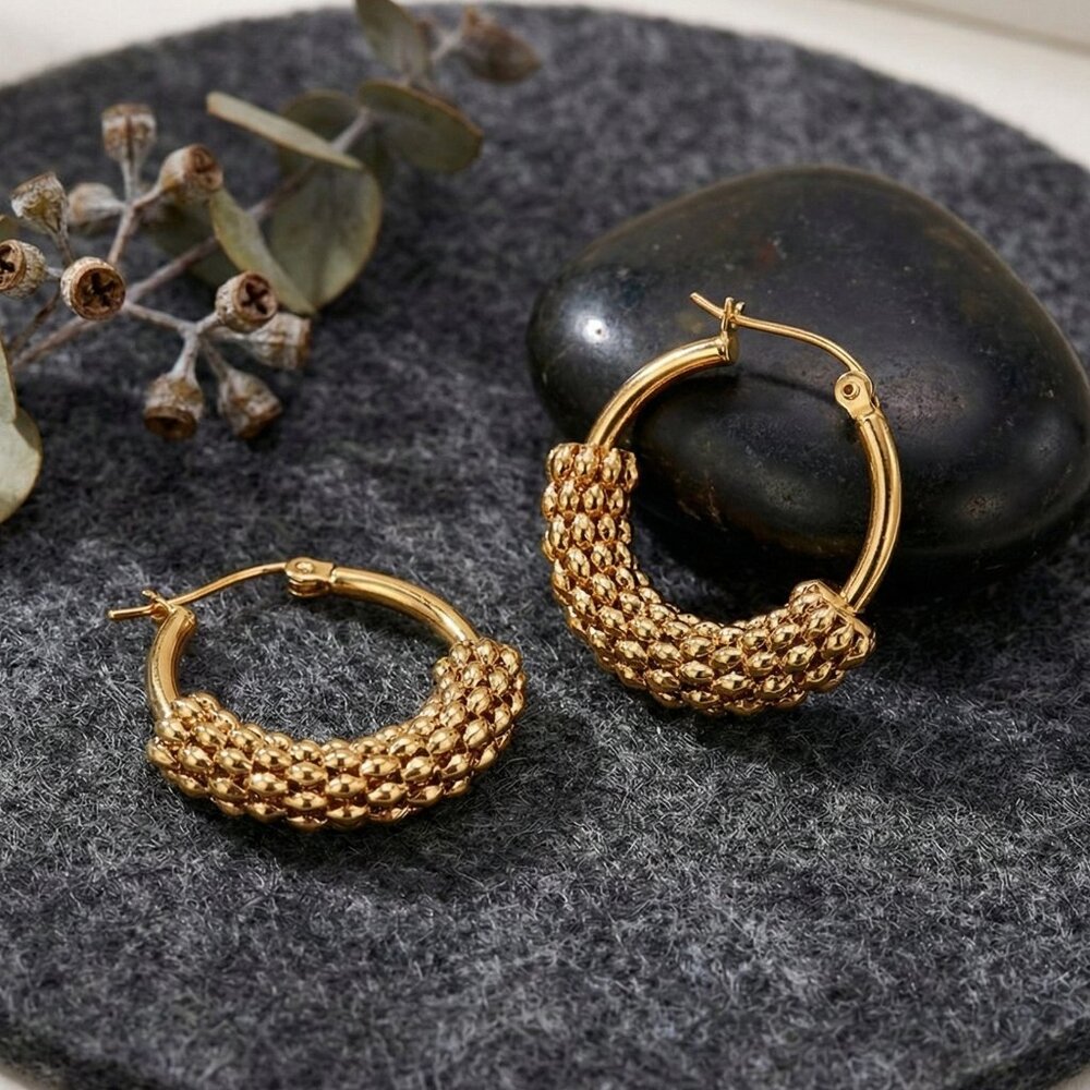 18 Karat Gold Plated Stainless Steel Beaded Textured Hoop Earrings Daily Jewelry